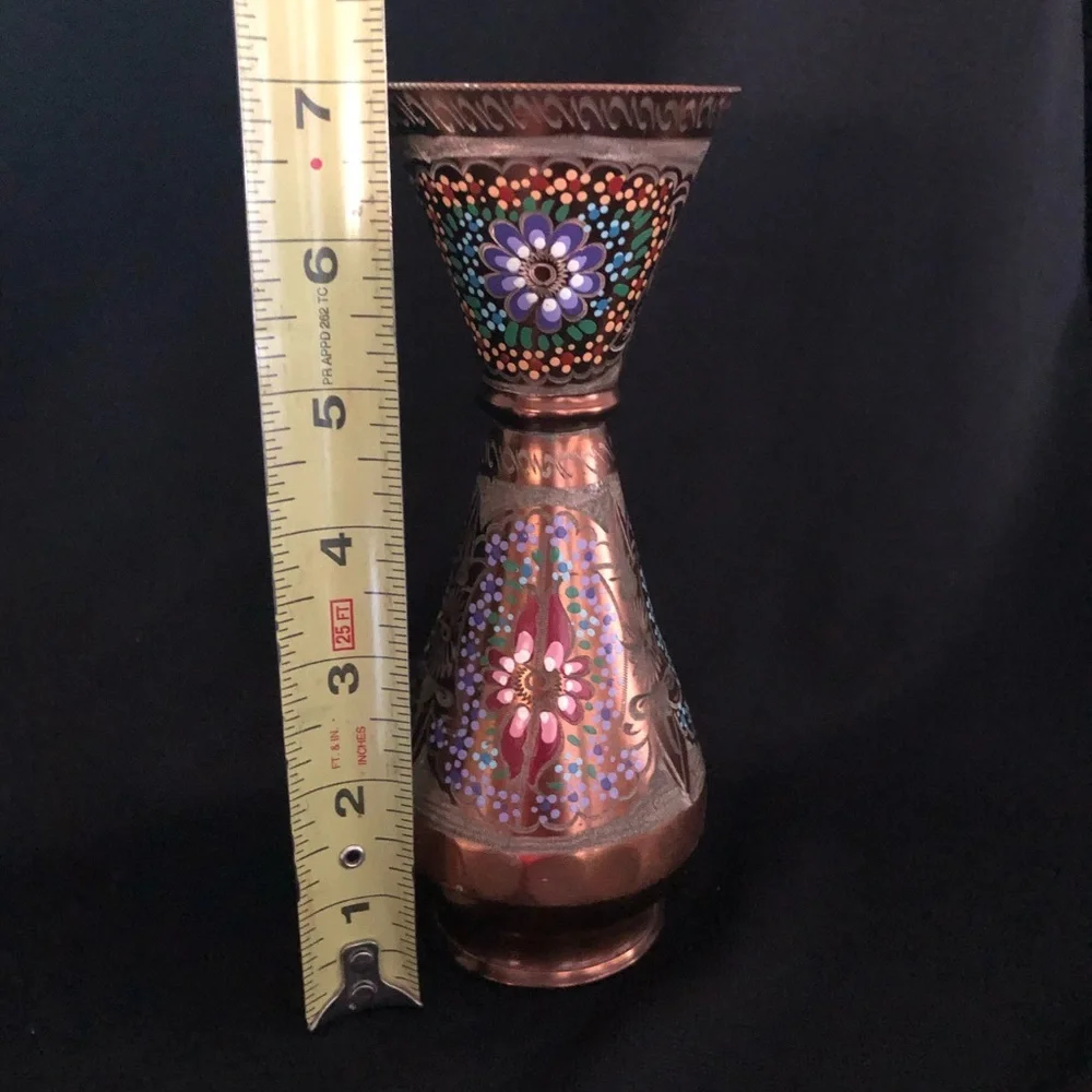 Vintage Hand Painted & Etched Copper Vase with Floral Designs